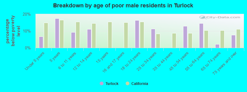 Breakdown by age of poor male residents in Turlock
