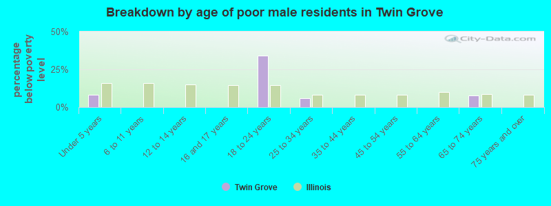 Breakdown by age of poor male residents in Twin Grove
