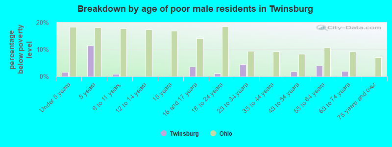 Breakdown by age of poor male residents in Twinsburg