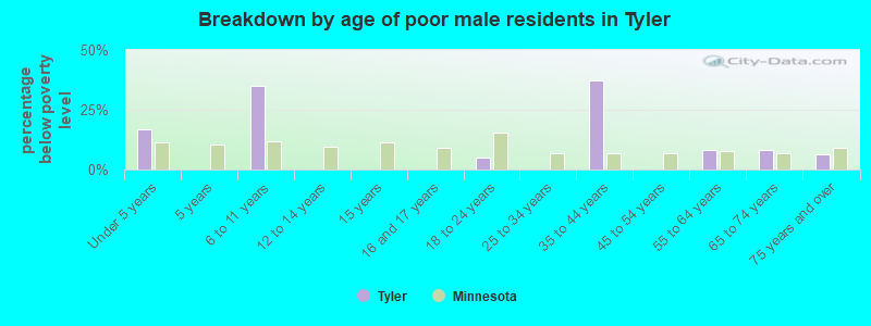 Breakdown by age of poor male residents in Tyler