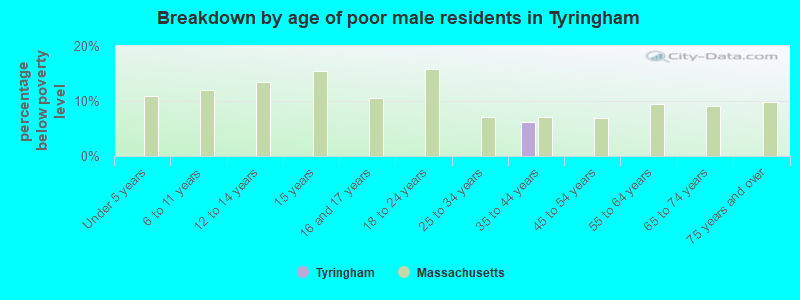 Breakdown by age of poor male residents in Tyringham