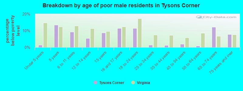 Breakdown by age of poor male residents in Tysons Corner