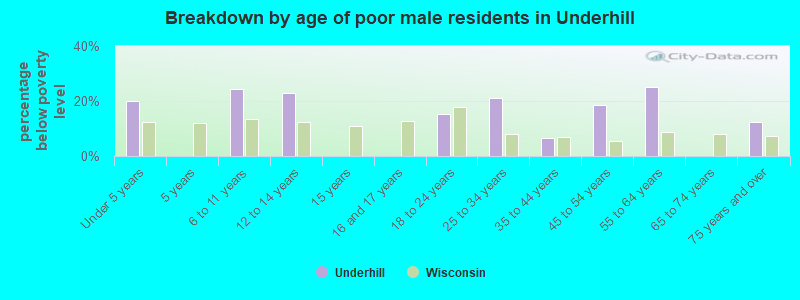 Breakdown by age of poor male residents in Underhill