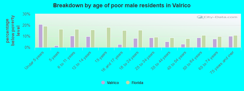 Breakdown by age of poor male residents in Valrico