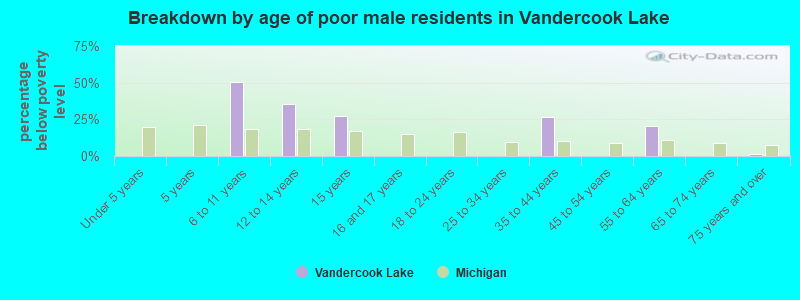 Breakdown by age of poor male residents in Vandercook Lake