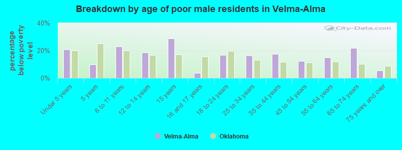 Breakdown by age of poor male residents in Velma-Alma