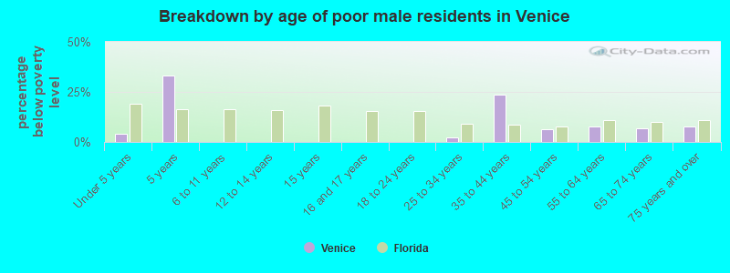 Breakdown by age of poor male residents in Venice