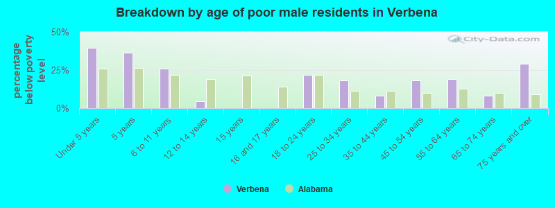 Breakdown by age of poor male residents in Verbena