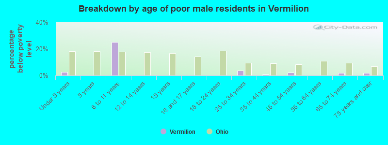 Breakdown by age of poor male residents in Vermilion