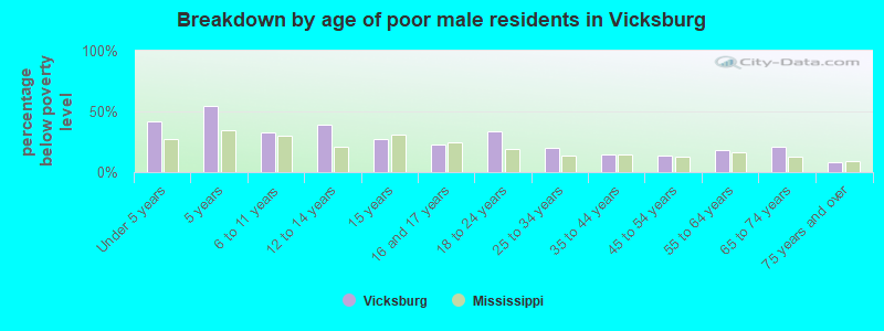 Breakdown by age of poor male residents in Vicksburg