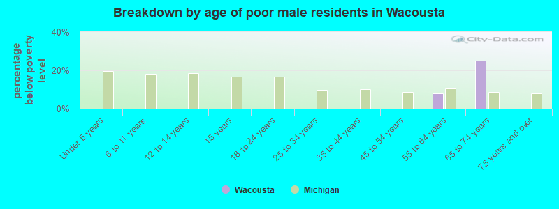 Breakdown by age of poor male residents in Wacousta