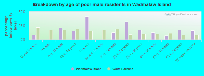 Breakdown by age of poor male residents in Wadmalaw Island