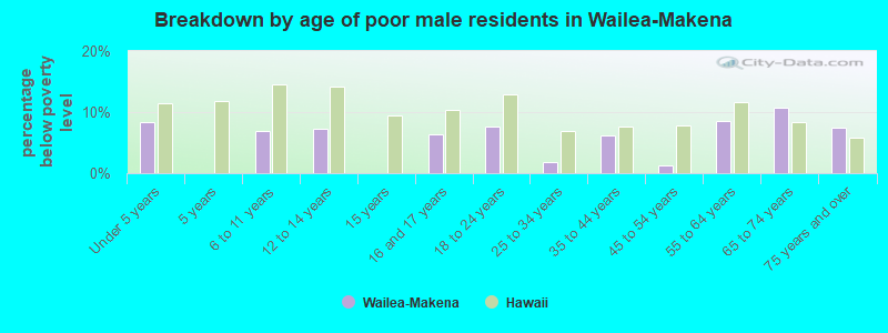 Breakdown by age of poor male residents in Wailea-Makena