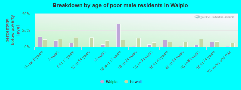 Breakdown by age of poor male residents in Waipio