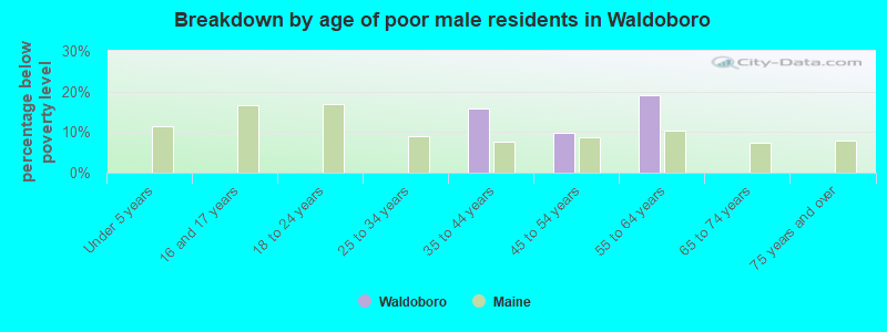 Breakdown by age of poor male residents in Waldoboro