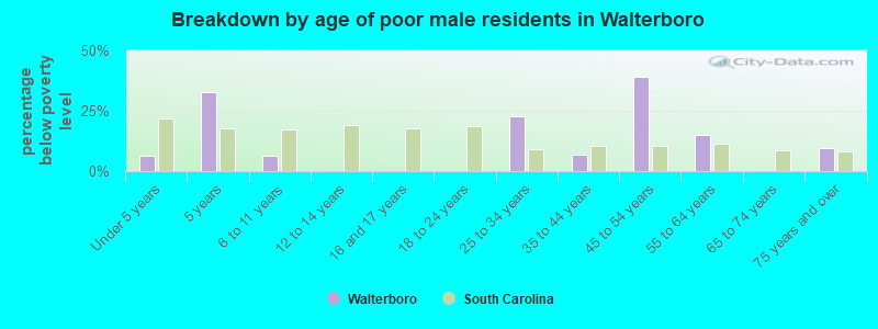 Breakdown by age of poor male residents in Walterboro