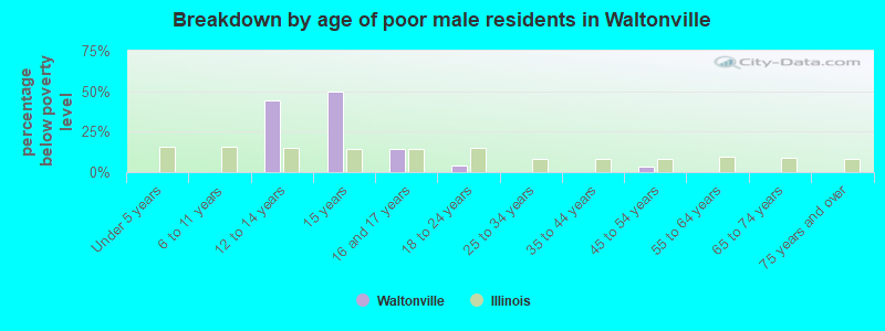 Breakdown by age of poor male residents in Waltonville