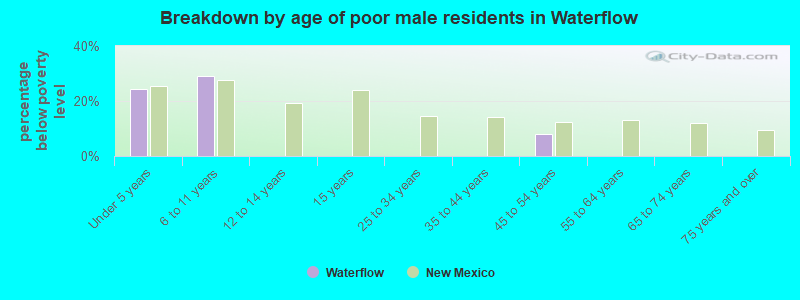 Breakdown by age of poor male residents in Waterflow