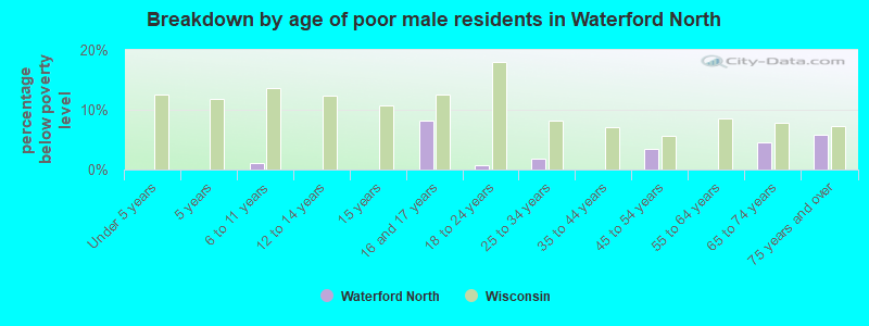 Breakdown by age of poor male residents in Waterford North