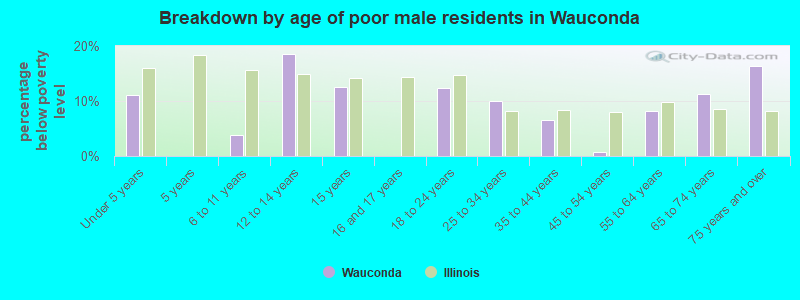 Breakdown by age of poor male residents in Wauconda