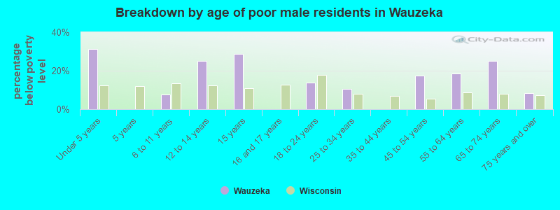 Breakdown by age of poor male residents in Wauzeka