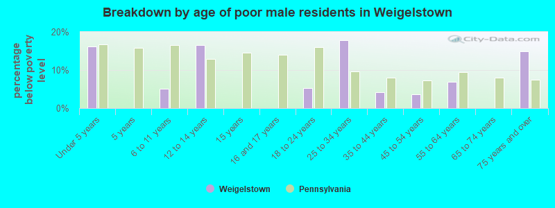 Breakdown by age of poor male residents in Weigelstown