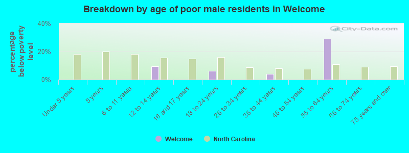 Breakdown by age of poor male residents in Welcome