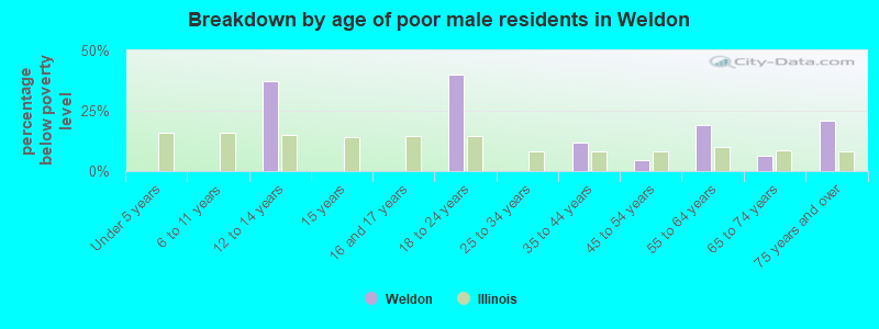 Breakdown by age of poor male residents in Weldon