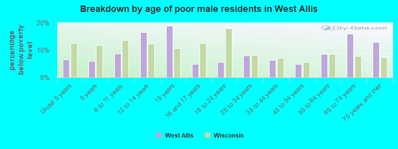 Breakdown by age of poor male residents in West Allis
