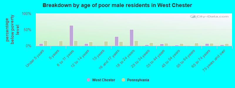 Breakdown by age of poor male residents in West Chester