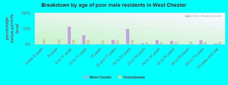 Breakdown by age of poor male residents in West Chester