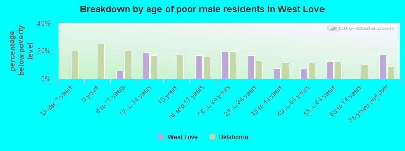 Breakdown by age of poor male residents in West Love