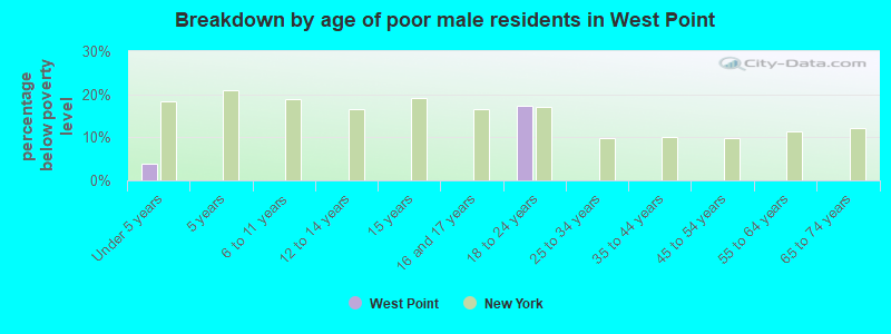 Breakdown by age of poor male residents in West Point