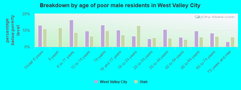 Breakdown by age of poor male residents in West Valley City