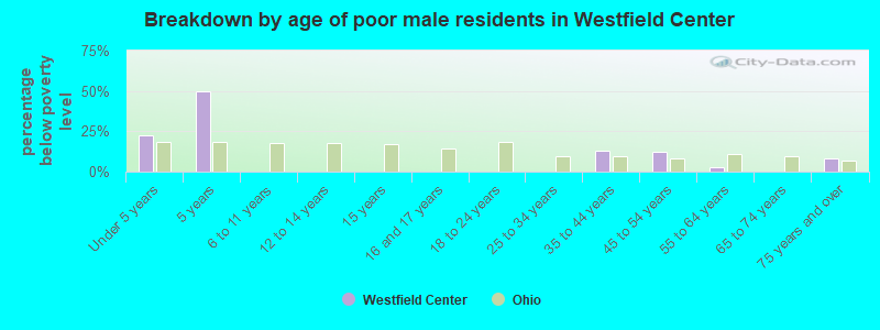 Breakdown by age of poor male residents in Westfield Center