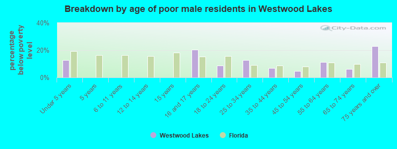 Breakdown by age of poor male residents in Westwood Lakes