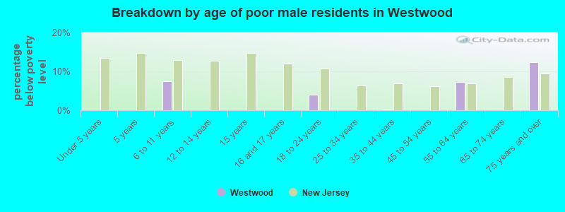 Breakdown by age of poor male residents in Westwood