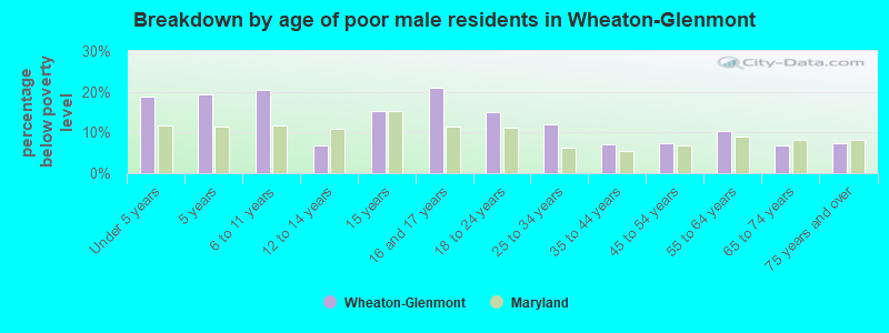 Breakdown by age of poor male residents in Wheaton-Glenmont