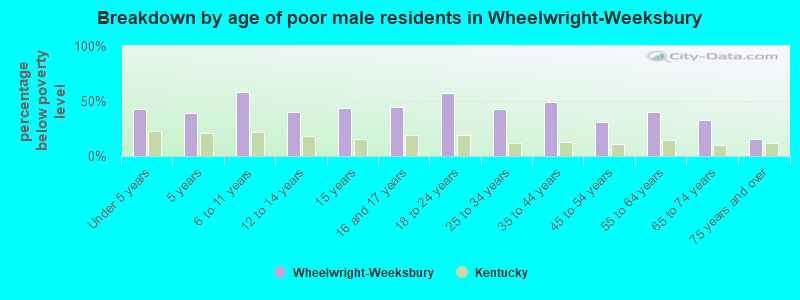 Breakdown by age of poor male residents in Wheelwright-Weeksbury