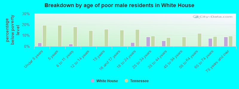 Breakdown by age of poor male residents in White House