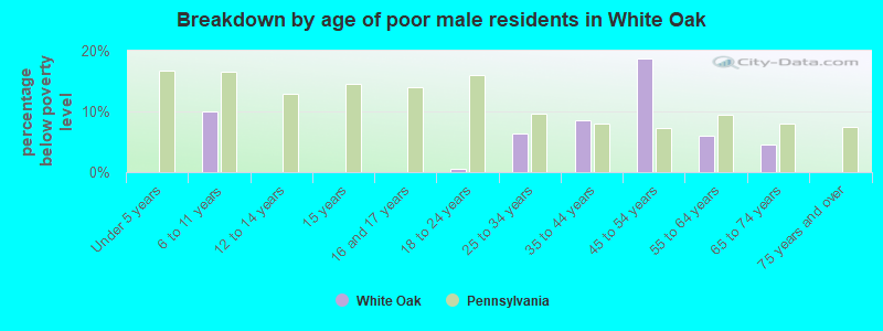 Breakdown by age of poor male residents in White Oak