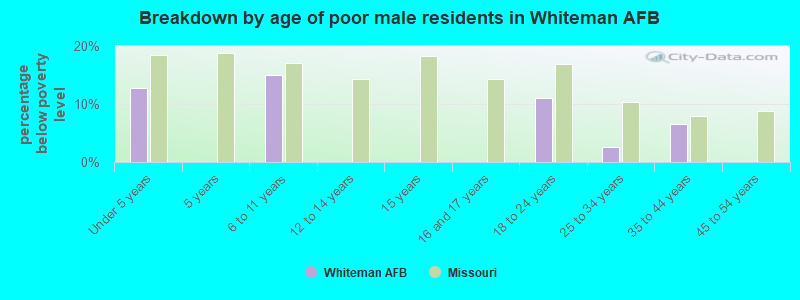 Breakdown by age of poor male residents in Whiteman AFB