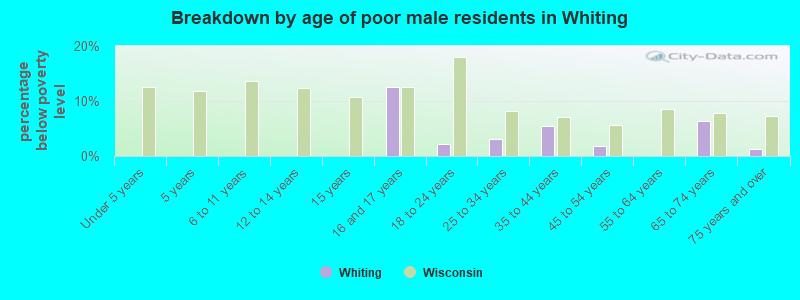 Breakdown by age of poor male residents in Whiting