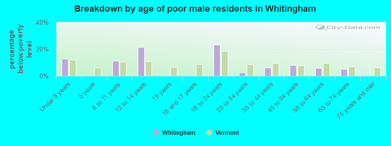 Breakdown by age of poor male residents in Whitingham