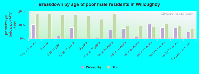 Breakdown by age of poor male residents in Willoughby