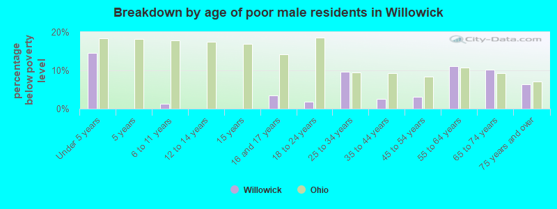 Breakdown by age of poor male residents in Willowick