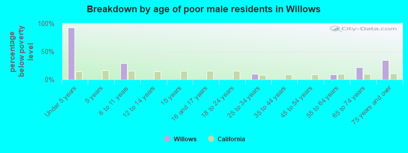 Breakdown by age of poor male residents in Willows