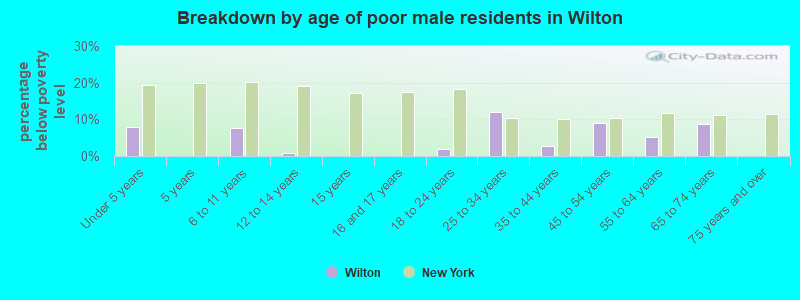 Breakdown by age of poor male residents in Wilton