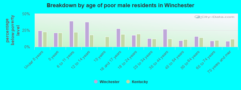 Breakdown by age of poor male residents in Winchester