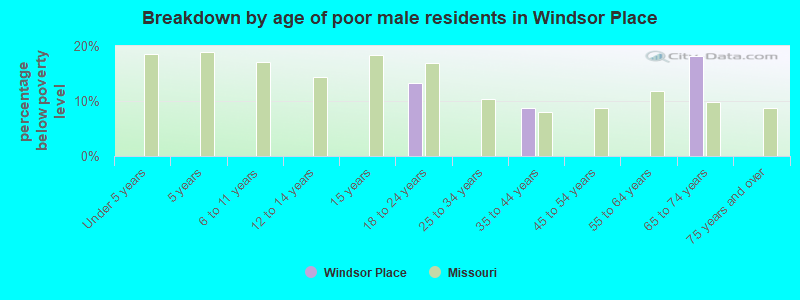 Breakdown by age of poor male residents in Windsor Place